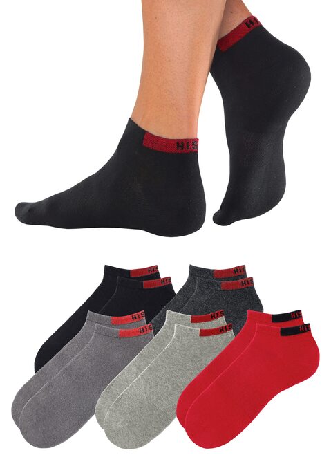 Bild: Sneakersocken von H.I.S: Vielseitige Unisex-Sneakersocken im Multipack für jede Gelegenheit. Einfach nach Lust und Laune kombinieren. Die Sneakersocken sind sehr gut geeignet für weit ausgeschnittene Sportschuhe. Die unterschiedlichen Farbsortimente machen die Kurzsocken ideal für den täglichen Gebrauch. Ein hoher Baumwollanteil garantiert einen guten Tragekomfort. Eine optimale Passform wird durch gute Elastizität und das Mittelfußgummi gesichert. Die verstärkte Ferse und Spitze garantieren auch nach vielen Wäschen eine optimale HaltbarkeitAus 75% Baumwolle, 22% Polyamid, 3% Elasthan.