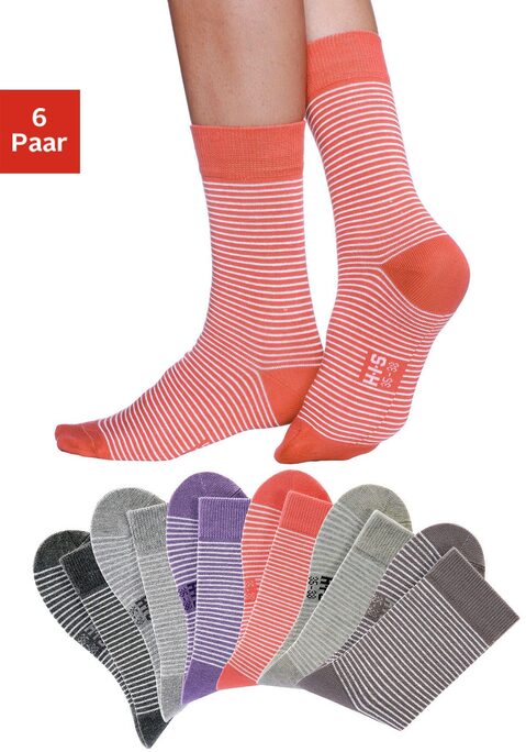 Bild: Socken von H.I.S: Jetzt bestellen! HIS Damensocken mit feinem Ringeldesign im 6er Pack. Immer einsatzbereit, die Basic-Socke in ausgesuchter Markenqualität. Nicht einschneidende Bündchen sorgen für besonderen Tragekomfort, speziell bei druckempfindlichen Beinen. Saugfähig und pflegeleicht durch den hohen Baumwollanteil. Passformbeständig durch den Einsatz von Elasthan. Auch nach mehreren Wäschen überzeugen diese bequemen Allrounder. Die feinen, gleichmäßigen dezenten Ringel bringen Abwechslung an die Füße. Sind jedoch durch die gut kombinierbaren Grundfarben immer leicht zu kombinieren. Details: Basic-Socke für jeden Tag Feine weiche Drei-Faser-Qualität Sehr hoher Tragekomfort Dezentes modisches Ringeldesign Anschmiegsam, atmungsaktiv und hautfreundlich Saugfähig und pflegeleicht Hochwertige Materialkomposition Aus 75% Baumwolle, 22% Polyamid, 3% Elasthan. Socken enden über dem Knöchel.