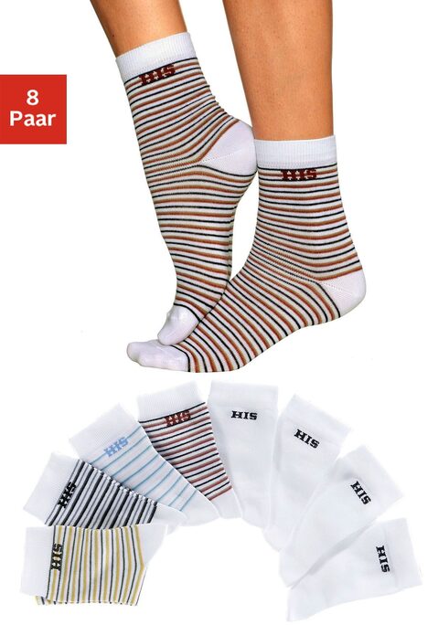 Bild: Socken von H.I.S: Markensocken für Ihren modischen Auftritt! Ob geringelt oder uni sind sie das perfekte Accessoire. Die anschmiegsame Drei-Faser-Qualität garantiert optimale Passform, dauerhafte Farbbrillanz und ein gleichmäßiges Maschenbild. Der hohe Baumwollanteil macht diese Socken saugfähig, die verstärkten Belastungszonen sorgen für Langlebigkeit. Mit dem eingestrickten Markenlogo unter dem Bündchen betonen sie eine Erstklassigkeit, die einfach immer gut aussieht! Details: Socken im 8er-Pack. Die Socken im 8er Pack bestehen aus 4x geringelt und 4x uni, anschmiegsam und hautfreundlich, pflegeleichter Materialmix geringelt oder unifarben, schadstoffgeprüft.