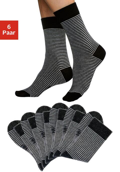 Bild: Socken von H.I.S: Jetzt bestellen! HIS Damensocken mit feinem Ringeldesign im 6er Pack. Immer einsatzbereit, die Basic-Socke in ausgesuchter Markenqualität. Nicht einschneidende Bündchen sorgen für besonderen Tragekomfort, speziell bei druckempfindlichen Beinen. Saugfähig und pflegeleicht durch den hohen Baumwollanteil. Passformbeständig durch den Einsatz von Elasthan. Auch nach mehreren Wäschen überzeugen diese bequemen Allrounder. Die feinen, gleichmäßigen dezenten Ringel bringen Abwechslung an die Füße. Sind jedoch durch die gut kombinierbaren Grundfarben immer leicht zu kombinieren. Details: Basic-Socke für jeden Tag Feine weiche Drei-Faser-Qualität Sehr hoher Tragekomfort Dezentes modisches Ringeldesign Anschmiegsam, atmungsaktiv und hautfreundlich Saugfähig und pflegeleicht Hochwertige Materialkomposition Aus 75% Baumwolle, 22% Polyamid, 3% Elasthan. Socken enden über dem Knöchel.