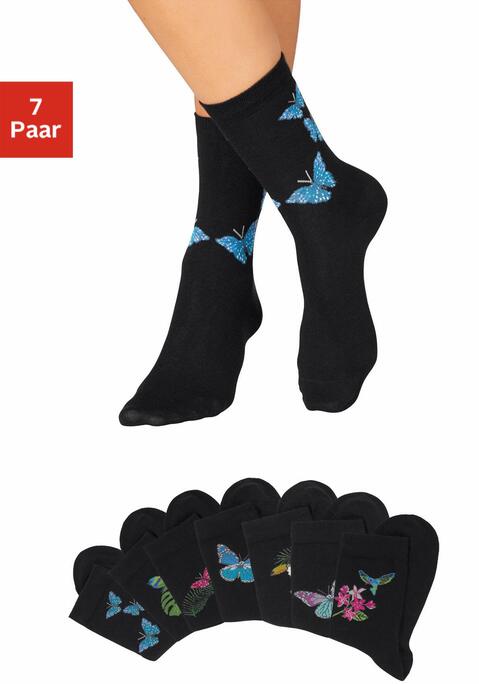 Bild: Socken von H.I.S: Mehrfachpack Damensocken mit farbenfrohen Schmetterlings- und Vogelmotiven. Mittlere Schafthöhe.Aus 72% Baumwolle (unterstützt Cotton made in Africa), 26% Polyamid, 2% Elasthan.