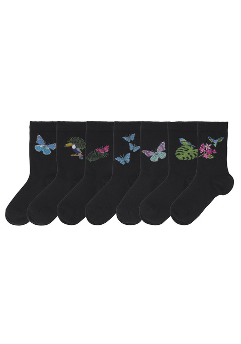 Bild: Socken von H.I.S: Mehrfachpack Damensocken mit farbenfrohen Schmetterlings- und Vogelmotiven. Mittlere Schafthöhe.Aus 72% Baumwolle (unterstützt Cotton made in Africa), 26% Polyamid, 2% Elasthan.