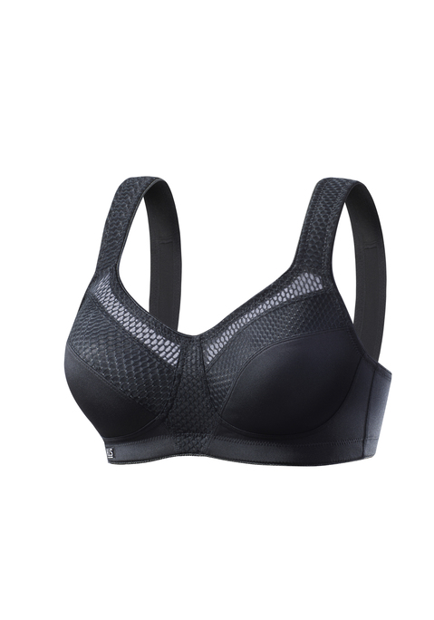 Bild: Sport-BH von H.I.S: Sport-BH ohne Bügel und unwattiert für mittlere Belastbarkeit. Aus schnell trocknendem COOLMAX®-Material. Breite weich gepolsterte Träger sorgen für einen optimalen Halt bei gleichzeitiger Entlastung der Schultern - ideal für große Größen. Sportliche Netzeinsätze entlang der Cupkanten. Normale Rückenverarbeitung für einfaches An- und Ausziehen (Verschluss 3-fach verstellbar). Obermaterial: 90% Polyester COOLMAX®, 10% Elasthan.