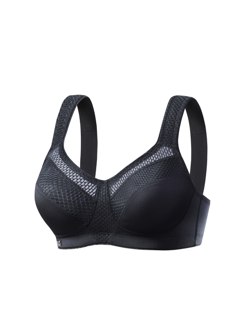 Bild: Sport-BH von H.I.S: Sport-BH ohne Bügel und unwattiert für mittlere Belastbarkeit. Aus schnell trocknendem COOLMAX®-Material. Breite weich gepolsterte Träger sorgen für einen optimalen Halt bei gleichzeitiger Entlastung der Schultern - ideal für große Größen. Sportliche Netzeinsätze entlang der Cupkanten. Normale Rückenverarbeitung für einfaches An- und Ausziehen (Verschluss 3-fach verstellbar). Obermaterial: 90% Polyester COOLMAX®, 10% Elasthan.