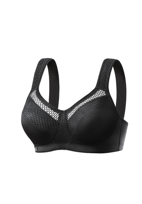 Bild: Sport-BH von H.I.S: Sport-BH ohne Bügel und unwattiert für mittlere Belastbarkeit. Aus schnell trocknendem COOLMAX®-Material. Breite weich gepolsterte Träger sorgen für einen optimalen Halt bei gleichzeitiger Entlastung der Schultern - ideal für große Größen. Sportliche Netzeinsätze entlang der Cupkanten. Normale Rückenverarbeitung für einfaches An- und Ausziehen (Verschluss 3-fach verstellbar). Obermaterial: 90% Polyester COOLMAX®, 10% Elasthan.