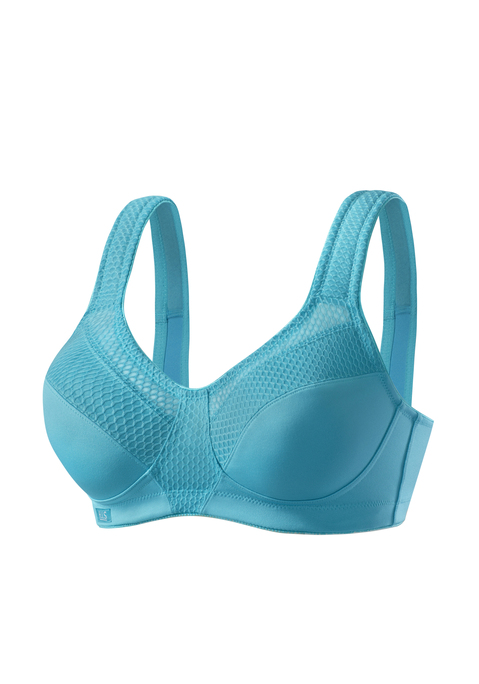 Bild: Sport-BH von H.I.S: Sport-BH ohne Bügel und unwattiert für mittlere Belastbarkeit. Aus schnell trocknendem COOLMAX®-Material. Breite weich gepolsterte Träger sorgen für einen optimalen Halt bei gleichzeitiger Entlastung der Schultern - ideal für große Größen. Sportliche Netzeinsätze entlang der Cupkanten. Normale Rückenverarbeitung für einfaches An- und Ausziehen (Verschluss 3-fach verstellbar). Obermaterial: 90% Polyester COOLMAX®, 10% Elasthan.