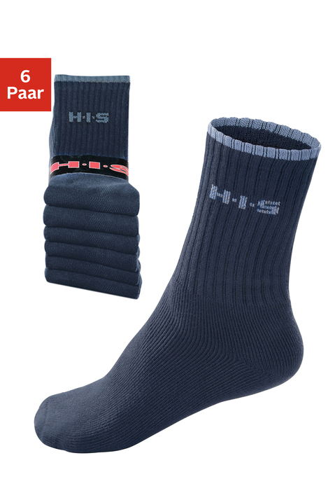 Bild: Sportsocken von H.I.S: Sport- und Freizeitsocken mit dem Plus an Tragekomfort: Weiches Frottee und Verstärkung der Belastungszonen vermeiden Druckstellen, die feuchtigkeitsregulierende Materialkomposition schafft ein fußgesundes Klima. Die sportliche Rippenstruktur garantiert guten Sitz und sorgt für eine optimale Passform. Pflegeleichte Qualität und Farbbrillanz inklusive. Ideal für aktive Freizeitfans. Details:. Sport- und Freizeitsocken. im praktischen 6er-Pack. für sie + ihn bis Gr. 48. dauerhafte Farbbrillanz. pflegeleichte Qualität. schweißaufsaugend. mit eingesticktem H.I.S-Logo unter dem Bündchen. Drei-Faser-Qualität.