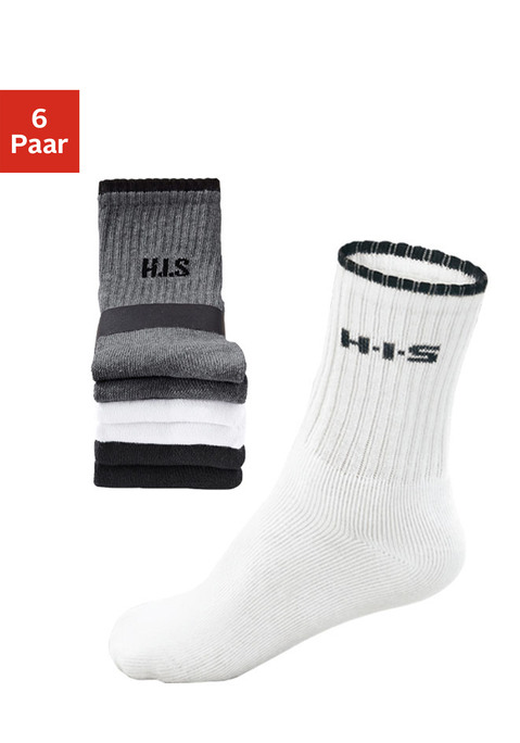 Bild: Sportsocken von H.I.S: Sport- und Freizeitsocken mit dem Plus an Tragekomfort: Weiches Frottee und Verstärkung der Belastungszonen vermeiden Druckstellen, die feuchtigkeitsregulierende Materialkomposition schafft ein fußgesundes Klima. Die sportliche Rippenstruktur garantiert guten Sitz und sorgt für eine optimale Passform. Pflegeleichte Qualität und Farbbrillanz inklusive. Ideal für aktive Freizeitfans. Details:. Sport- und Freizeitsocken. im praktischen 6er-Pack. für sie + ihn bis Gr. 48. dauerhafte Farbbrillanz. pflegeleichte Qualität. schweißaufsaugend. mit eingesticktem H.I.S-Logo unter dem Bündchen. Drei-Faser-Qualität.