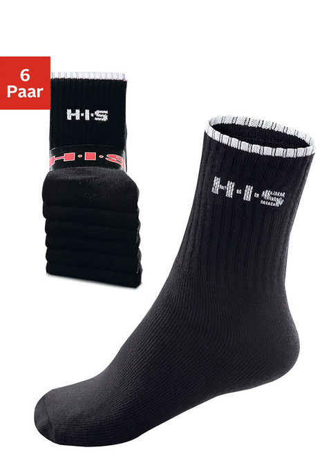 Bild: Sportsocken von H.I.S: Sport- und Freizeitsocken mit dem Plus an Tragekomfort: Weiches Frottee und Verstärkung der Belastungszonen vermeiden Druckstellen, die feuchtigkeitsregulierende Materialkomposition schafft ein fußgesundes Klima. Die sportliche Rippenstruktur garantiert guten Sitz und sorgt für eine optimale Passform. Pflegeleichte Qualität und Farbbrillanz inklusive. Ideal für aktive Freizeitfans. Details:. Sport- und Freizeitsocken. im praktischen 6er-Pack. für sie + ihn bis Gr. 48. dauerhafte Farbbrillanz. pflegeleichte Qualität. schweißaufsaugend. mit eingesticktem H.I.S-Logo unter dem Bündchen. Drei-Faser-Qualität.