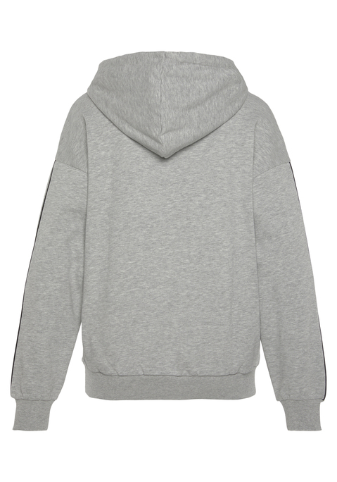 Bild: Sweatjacke von H.I.S: Kuschelige Kapuzen-Sweatjacke von H.I.S. Kleiner Print mit Stickerei vorn. Konstrastierende Paspel an den langen Ärmeln. Überschnittene Schultern. Super zum Relaxen. Feine, weiche Qualität.