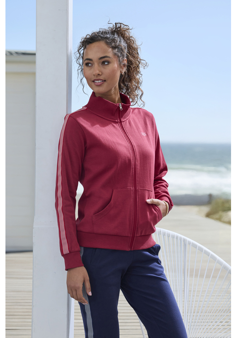 Bild: Sweatjacke von H.I.S: Bequeme Sweatjacke von H.I.S mit sportlichem Stehkragen und Streifentape auf den Ärmeln. Breite, weiche Rippbündchen. Ideal als Loungewear. Weiche, elastische Interlock-Qualität aus einer Baumwollmischung.