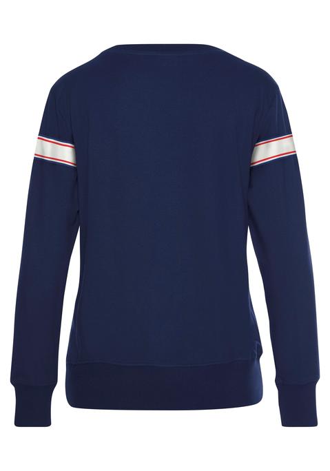 Bild: Sweatshirt von H.I.S: Sweater mit gestreiftem Tape von H.I.S. Mit Raglanärmeln, Rundhalsausschnitt und breiten Ripp-Bündchen an Saum und Ärmeln. In gerader Form. Aus 77% Baumwolle (unterstützt Cotton made in Africa) , 20% Polyester, 3% Elasthan.