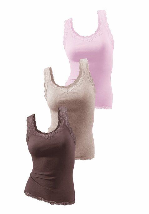 Bild: Tanktop von H.I.S: HIS Tanktops im 3er-Pack. Mit hochwertiger, schön eingearbeiteter Spitze am Ausschnitt, an den Trägern und am Bund. Aus weicher Feinripp-Qualität.
