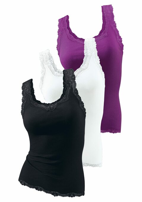 Bild: Tanktop von H.I.S: HIS Tanktops im 3er-Pack. Mit hochwertiger, schön eingearbeiteter Spitze am Ausschnitt, an den Trägern und am Bund. Aus weicher Feinripp-Qualität.