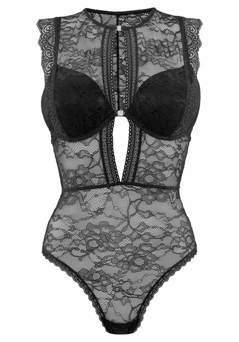 Bild: Body von JETTE: String-Body aus zarter Spitze mit integriertem Push-up-BH, von Jette, kreiert von der Designerin Jette Joop. Mit Vorderverschluss. Mit verstellbarem Druckknopfverschluss im Schritt und Baumwollzwickel. Erotische Dessous. Reizvolle Dessous. Reizwäsche. Verführerische Dessous. Spitzen-Dessous. Romantische Dessous. Verspielte Dessous. Aus 88% Polyamid, 12% Elasthan.