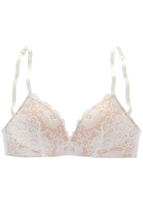 Bild: Bralette-BH von JETTE: Femininer Bralette-BH mit feiner Zierschleife in der vorderen Mitte. Vorgeformte, minimal wattierte Cups ohne Bügel. Cups mit modischer, unterlegter Spitze überzogen. Individuell verstellbare Träger sowie Rückenverschluss. Kreiert von der Designerin Jette Joop. Aus 49% Polyamid, 44% Polyester, 7% Elasthan.