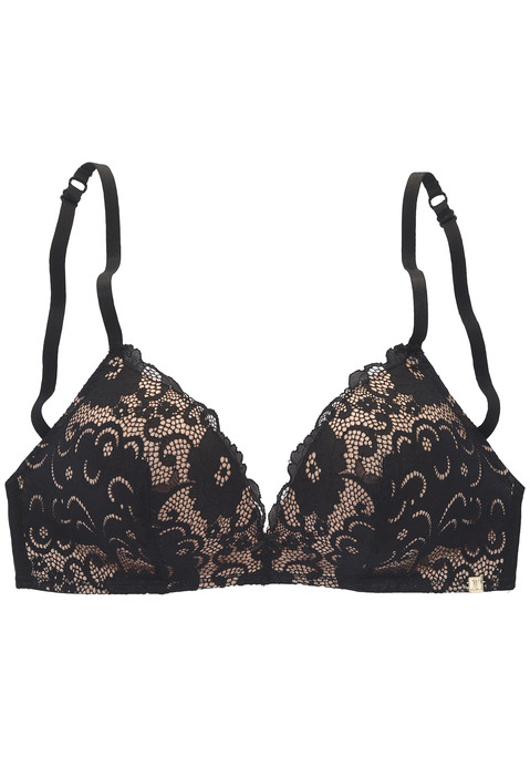 Bild: Bralette-BH von JETTE: Femininer Bralette-BH mit feiner Zierschleife in der vorderen Mitte. Vorgeformte, minimal wattierte Cups ohne Bügel. Cups mit modischer, unterlegter Spitze überzogen. Individuell verstellbare Träger sowie Rückenverschluss. Kreiert von der Designerin Jette Joop. Aus 49% Polyamid, 44% Polyester, 7% Elasthan.