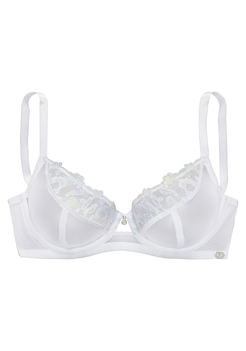 Bild: Bügel-BH von JETTE: Edler Bügel-BH mit hübschem Schmuckaccessoire vorne mittig. Cups aus feiner, hochwertiger Stickereispitze mit Glitzer-Effekten. Rücken aus feinem Soft-Mesh. Individuell verstellbare Träger sowie Rückenverschluss. Kreiert von der Designerin Jette Joop. Aus 52% Polyamid, 45% Polyester, 3% Elasthan.