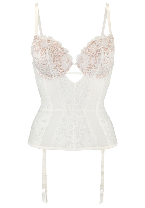 Bild: Corsage von JETTE: Verführerische Push-up-Corsage mit abnehmbare Strapse und sexy Cut-Out. Rundherum aus einem edlen Mix aus floraler Spitze und feinem Mesh. Cups mit Bügel und eingearbeitetem Polster im Untercup - für ein tolles Dekolleté. Individuell verstellbare Träger sowie Rückenverschluss. Kreiert von der Designerin Jette Joop. Obermaterial: 77% Polyamid, 14% Polyester, 9% Elasthan.