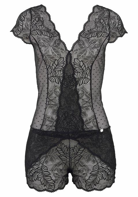 Bild: Kurzarmbody von JETTE: Kreiert von der Designerin Jette Joop. Mit tiefem V-Ausschnitt vorn und hinten. Ganz aus elastischer Spitze, mit seitlichen Einsätzen aus gepunktetem, elastischem Netzmaterial, zart transparent und sehr verführerisch. Erotische Dessous. Reizvolle Dessous. Reizwäsche. Verführerische Dessous. Spitzen-Dessous. Romantische Dessous. Verspielte Dessous. Aus 90% Polyamid, 10% Elasthan.