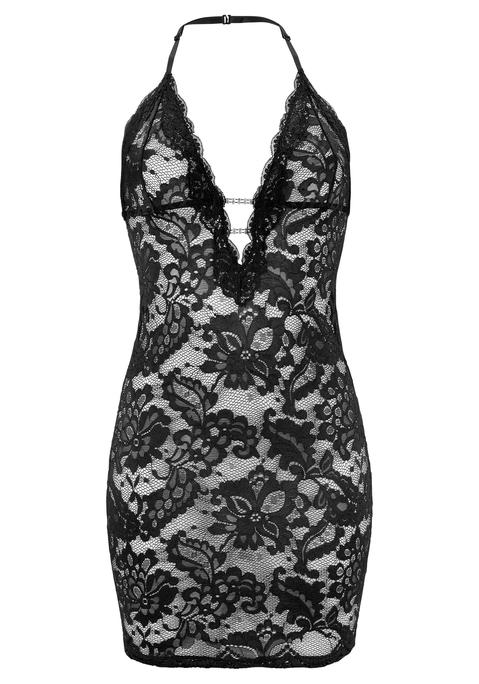 Bild: Negligé von JETTE: Negligé von JETTE, kreiert von der Designerin Jette Joop. Ganz aus eleganter Spitze. Mit zwei Strass-Kettchen vorn und mit verstellbaren Trägern, die im Nacken zusammenlaufen. Erotische Dessous. Reizvolle Dessous. Reizwäsche. Verführerische Dessous. Spitzen-Dessous. Romantische Dessous. Verspielte Dessous. Aus 90% Polyamid, 10% Elasthan.