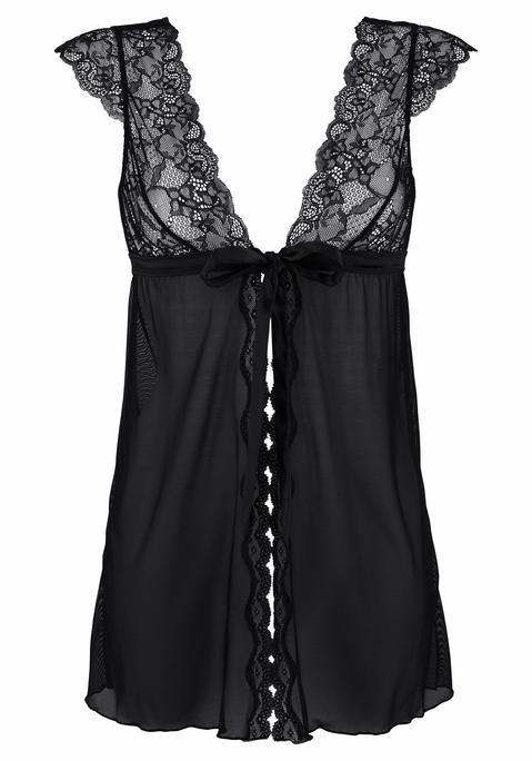 Bild: Negligé von JETTE: Kreiert von Designerin Jette Joop. Body aus transparenter Netzware, vorn geschlitzt mit Spitzenkante. Mit Haken und Satinband zum Schließen. Erotische Dessous. Reizvolle Dessous. Reizwäsche. Verführerische Dessous. Spitzen-Dessous. Romantische Dessous. Verspielte Dessous. Aus 90% Polyamid, 10% Elasthan.
