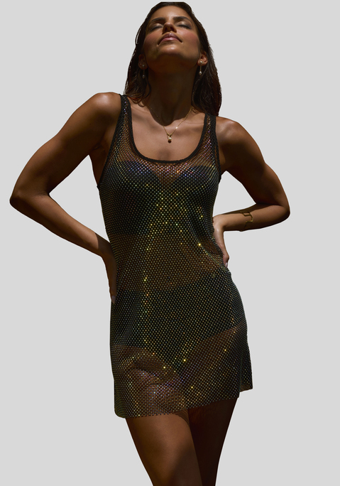 Bild: Negligé von JETTE: Extravagantes Netzkleid von JETTE. Aus hochwertigem Netzmaterial mit bunt glitzerndem Straß. Eignet sich auch ideal als Kleid oder Top. Ohne störende Bügel oder Schale. Kreiert von der Designerin Jette Joop. Aus 90% Polyamid, 10% Elasthan.