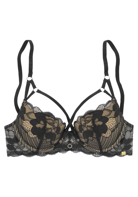 Bild: Push-up-BH von JETTE: Femininer Push-up-BH mit Spitze im Tattoo-Look. Mit aufregender Bänder-Optik oberhalb der Cups. Passende Unterteile aus der gleichen Serie erhältlich. Kreiert von der Designerin JETTE JOOP. Obermaterial: 60% Polyamid, 35% Polyester, 5% Elasthan.