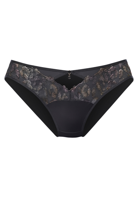 Bild: Slip von JETTE: Verführerischer Slip mit edlem Cut-Out vorne mittig. Vorn aus Stickereispitze mit Glitzer-Effekten, hinten aus feinem Trikot. Mit hübschem Schmuckaccessoire und dezentem Ringdetail in der vorderen Mitte. Mit eingearbeitetem Baumwollzwickel. Kreiert von der Designerin Jette Joop. Aus 70% Polyamid, 18% Polyester, 12% Elasthan.