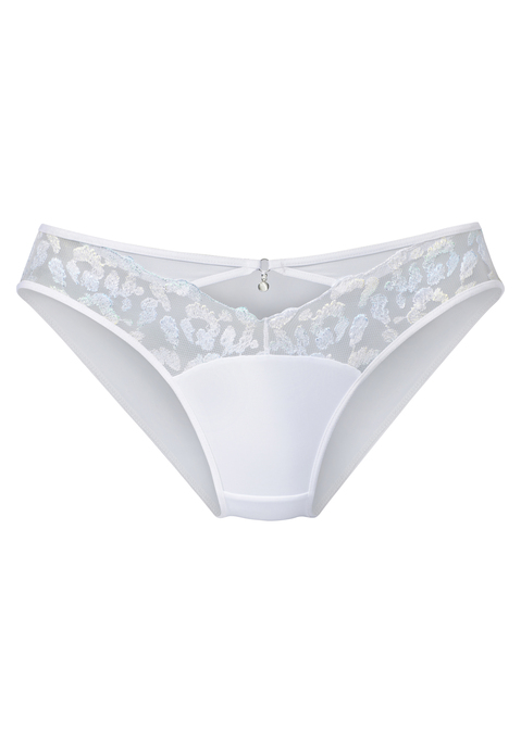 Bild: Slip von JETTE: Verführerischer Slip mit edlem Cut-Out vorne mittig. Vorn aus Stickereispitze mit Glitzer-Effekten, hinten aus feinem Trikot. Mit hübschem Schmuckaccessoire und dezentem Ringdetail in der vorderen Mitte. Mit eingearbeitetem Baumwollzwickel. Kreiert von der Designerin Jette Joop. Aus 70% Polyamid, 18% Polyester, 12% Elasthan.