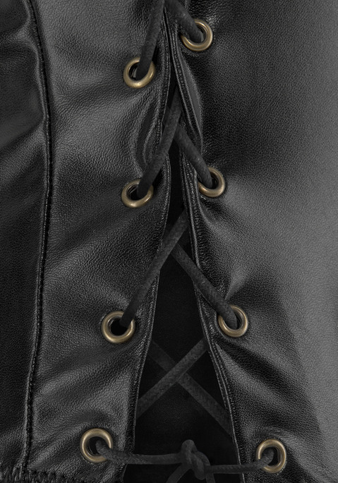 Bild: Stringbody von JETTE: Verführerischer Body kreiert von der Designerin Jette Joop. Mit raffiniertem Rückenausschnitt. Aufregende Schnürung an den Seiten. Aus elastischem Material in Leder-Optik. Mit eingearbeitetem Baumwollzwickel. Reizvolle Dessous. Reizwäsche. Verführerische Dessous. Spitzen-Dessous. Romantische Dessous. Verspielte Dessous. Obermaterial: 97% Polyester, 3% Elasthan.