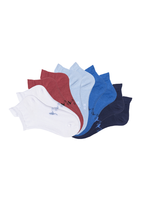 Bild: Sneakersocken von KangaROOS: Im 10er Pack. Farbsortiment besteht aus jeans meliert + helljeans meliert + orange meliert + gelb meliert + beige meliert + grau meliert + stein meliert + mint meliert + rosé meliert + lila meliert. Aus 75% Baumwolle, 22% Polyamid, 3% Elasthan.