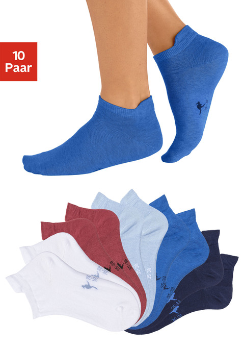 Bild: Sneakersocken von KangaROOS: Im 10er Pack. Farbsortiment besteht aus jeans meliert + helljeans meliert + orange meliert + gelb meliert + beige meliert + grau meliert + stein meliert + mint meliert + rosé meliert + lila meliert. Aus 75% Baumwolle, 22% Polyamid, 3% Elasthan.