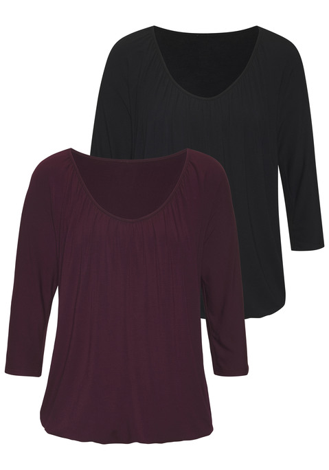 Bild: 3/4-Arm-Shirt von LASCANA: 3/4-Arm-Shirt von Lascana im praktischen 2er-Pack. Rundhalsausschnitt mit Raffungen. Ärmel in 3/4-Länge. Shirtsaum mit Gummizug. Lockere Passform. Weich fließender Viskose-Jersey.