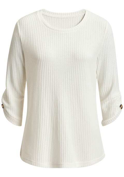 Bild: 3/4-Arm-Shirt von LASCANA: Unifarbenes Shirt von Lascana mit 3/4-Arm und Rundhalsausschnitt. Kleiner Eyecatcher: modisches Knopfdetail am Ärmelsaum. Figurumspielende Passform für Tragekomfort. Vielseitig zu verschiedenen Styles kombinierbar. Weiches Material, enthält recyceltes Polyester.