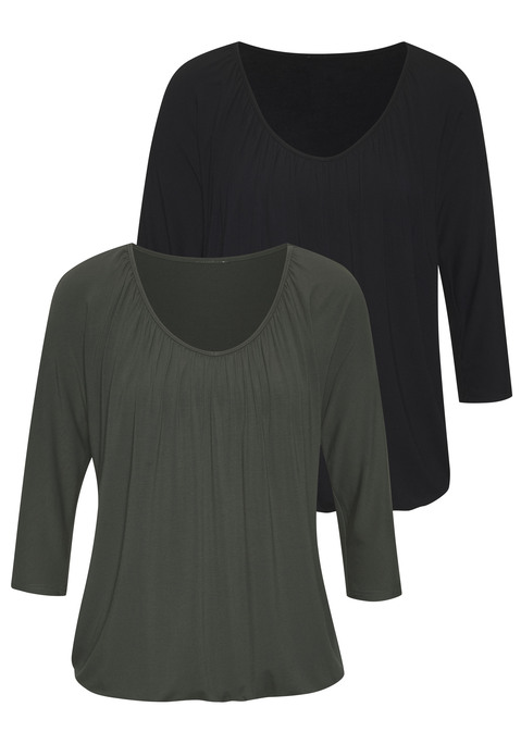 Bild: 3/4-Arm-Shirt von LASCANA: 3/4-Arm-Shirt von Lascana im praktischen 2er-Pack. Rundhalsausschnitt mit Raffungen. Ärmel in 3/4-Länge. Shirtsaum mit Gummizug. Lockere Passform. Weich fließender Viskose-Jersey.