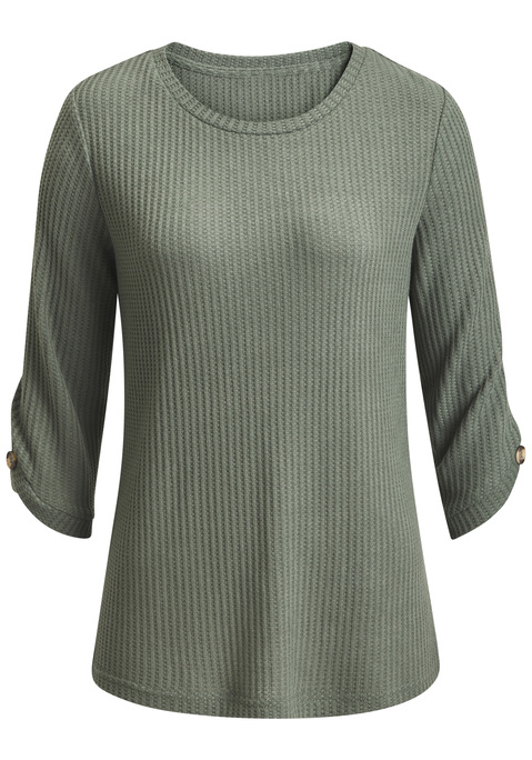 Bild: 3/4-Arm-Shirt von LASCANA: Unifarbenes Shirt von Lascana mit 3/4-Arm und Rundhalsausschnitt. Kleiner Eyecatcher: modisches Knopfdetail am Ärmelsaum. Figurumspielende Passform für Tragekomfort. Vielseitig zu verschiedenen Styles kombinierbar. Weiches Material, enthält recyceltes Polyester.