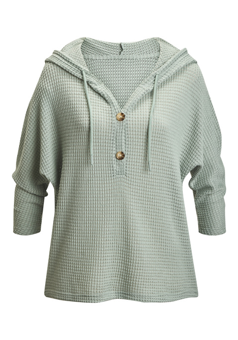 Bild: 3/4-Arm-Shirt von LASCANA: T-Shirt von Lascana aus leicht transparentem Waffelstrick. Kapuze mit Kordelzug. Kurze Knopfleiste. Fledermausärmel in 3/4-Länge. Locker fallende Passform.  Passt prima zu allen Freizeit-Outfits. Weiche Qualität mit recyceltem Polyester.