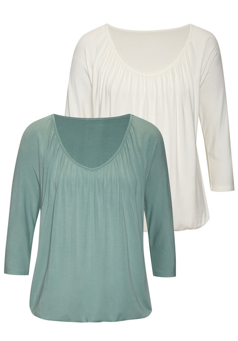 Bild: 3/4-Arm-Shirt von LASCANA: 3/4-Arm-Shirt von Lascana im praktischen 2er-Pack. Rundhalsausschnitt mit Raffungen. Ärmel in 3/4-Länge. Shirtsaum mit Gummizug. Lockere Passform. Weich fließender Viskose-Jersey.