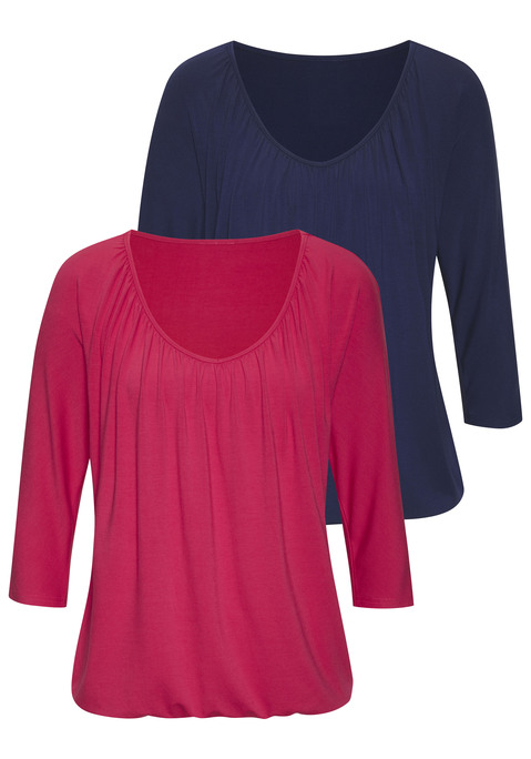 Bild: 3/4-Arm-Shirt von LASCANA: 3/4-Arm-Shirt von Lascana im praktischen 2er-Pack. Rundhalsausschnitt mit Raffungen. Ärmel in 3/4-Länge. Shirtsaum mit Gummizug. Lockere Passform. Weich fließender Viskose-Jersey.