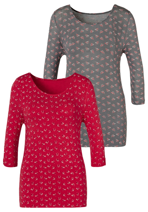 Bild: 3/4-Arm-Shirt von LASCANA: Lascana 3/4-Arm-Shirts im 2er-Pack. Mit kleinem Knotendetail und Cut Out am Ärmel. Gummizug am Bund für eine lockere Passform. Weich fließende Viskose-Qualität mit Elasthan.