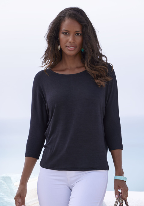 Bild: 3/4-Arm-Shirt von LASCANA: Strick-Shirt von Lascana für Damen. Mit überschnittenen Schultern und weiten Fledermausärmeln. 3/4-lange Ärmel. Leichte, elastische Feinstrickqualität mit Viskose aus verbesserter Rohstoffbeschaffung.