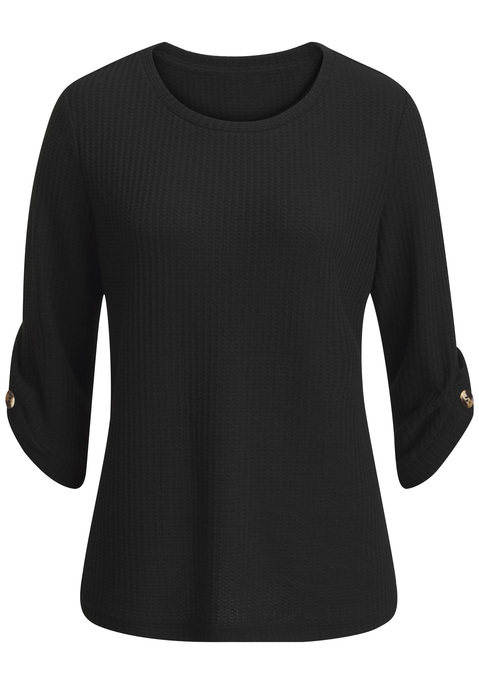 Bild: 3/4-Arm-Shirt von LASCANA: Unifarbenes Shirt von Lascana mit 3/4-Arm und Rundhalsausschnitt. Kleiner Eyecatcher: modisches Knopfdetail am Ärmelsaum. Figurumspielende Passform für Tragekomfort. Vielseitig zu verschiedenen Styles kombinierbar. Weiches Material, enthält recyceltes Polyester.