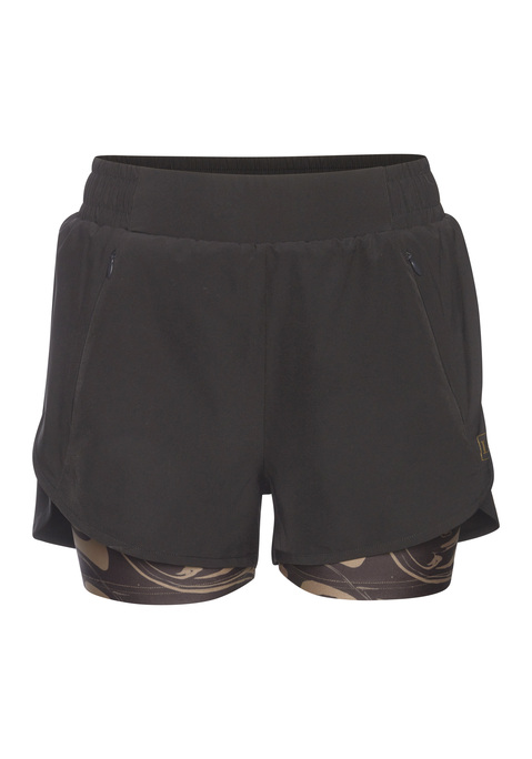 Bild: 2-in-1-Shorts von LASCANA ACTIVE: 2-in-1-Shorts von Lascana Active mit integrierter, eng anliegender Innenhose im Marmormuster. Breiter, elastischer Gummibund. Ideal für Gymnastik, Fitness und Laufen. Pflegleichtes, schnell trocknendes Material.