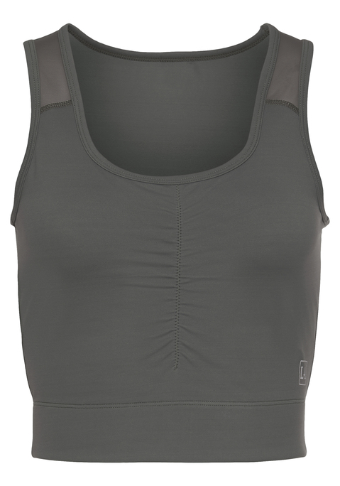 Bild: Crop-Top von LASCANA ACTIVE: Lascana Active Cropped-Top, attraktiv gerafftes Vorderteil, abgesetzter breiter Bund, eingefasster tiefer Rundhalsausschnitt, sportliche Mesh-Einsätze an den Trägern, aus atmungsaktiver Qualität.