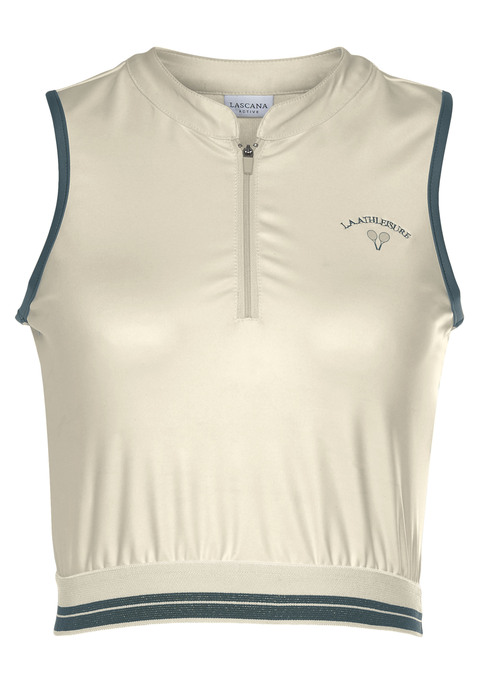 Bild: Crop-Top von LASCANA ACTIVE: Sportliches Tennis-Crop-Top von Lascana Active. Schmaler Stehkragen, kurzer Reißverschluss vorn. Angesetztes Strickbündchen mit Streifenmuster. Mesheinsatz hinten. Körpernahe, kurze Passform. Atmungsaktives Funktionsmaterial mit Stretchfaktor.