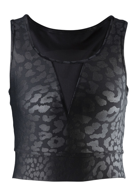 Bild: Crop-Top von LASCANA ACTIVE: Performance Crop-Top von Lascana Active. Leo-Print-Muster in Kombination mit Mesh-Einsätzen und einem V-Einsatz auf der Vorderseite. Rundhalsausschnitt und breite gekreuzte Träger. Aus elastischem und atmungsaktivem Funktionsmaterial.