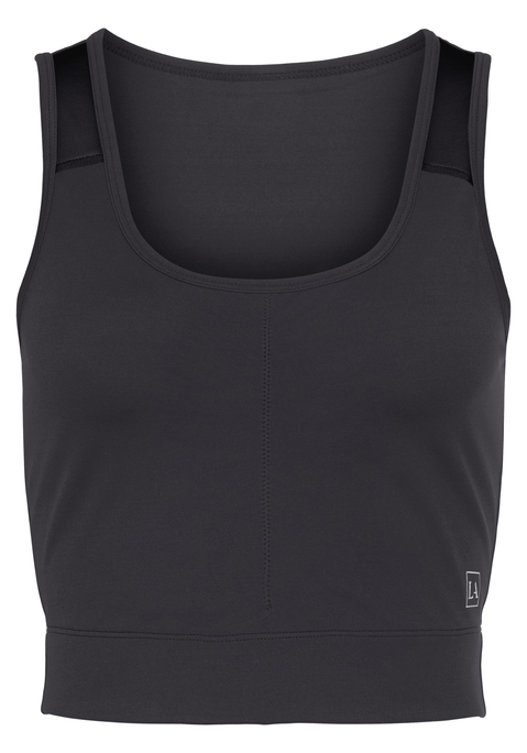 Bild: Crop-Top von LASCANA ACTIVE: Lascana Active Cropped-Top, attraktives Vorderteil, abgesetzter breiter Bund, eingefasster tiefer Rundhalsausschnitt, sportliche Mesh-Einsätze an den Trägern, aus atmungsaktiver Qualität.