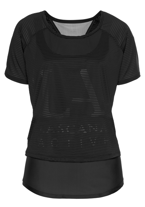 Bild: Funktionsshirt von LASCANA ACTIVE: Lascana Active: Doppellagiges T-Shirt. Innenliegendes Raceback Top. In leicht transparenter Streifenoptik. Top: Aus 81% Polyester, 19% Elasthan. Oberteil: 87% Polyester, 13% Elasthan.