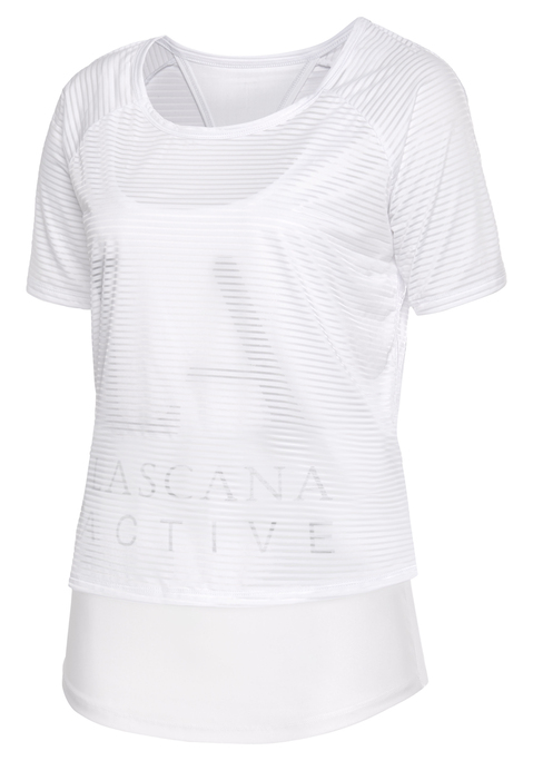 Bild: Funktionsshirt von LASCANA ACTIVE: Lascana Active: Doppellagiges T-Shirt. Innenliegendes Raceback Top. In leicht transparenter Streifenoptik. Top: Aus 81% Polyester, 19% Elasthan. Oberteil: 87% Polyester, 13% Elasthan.